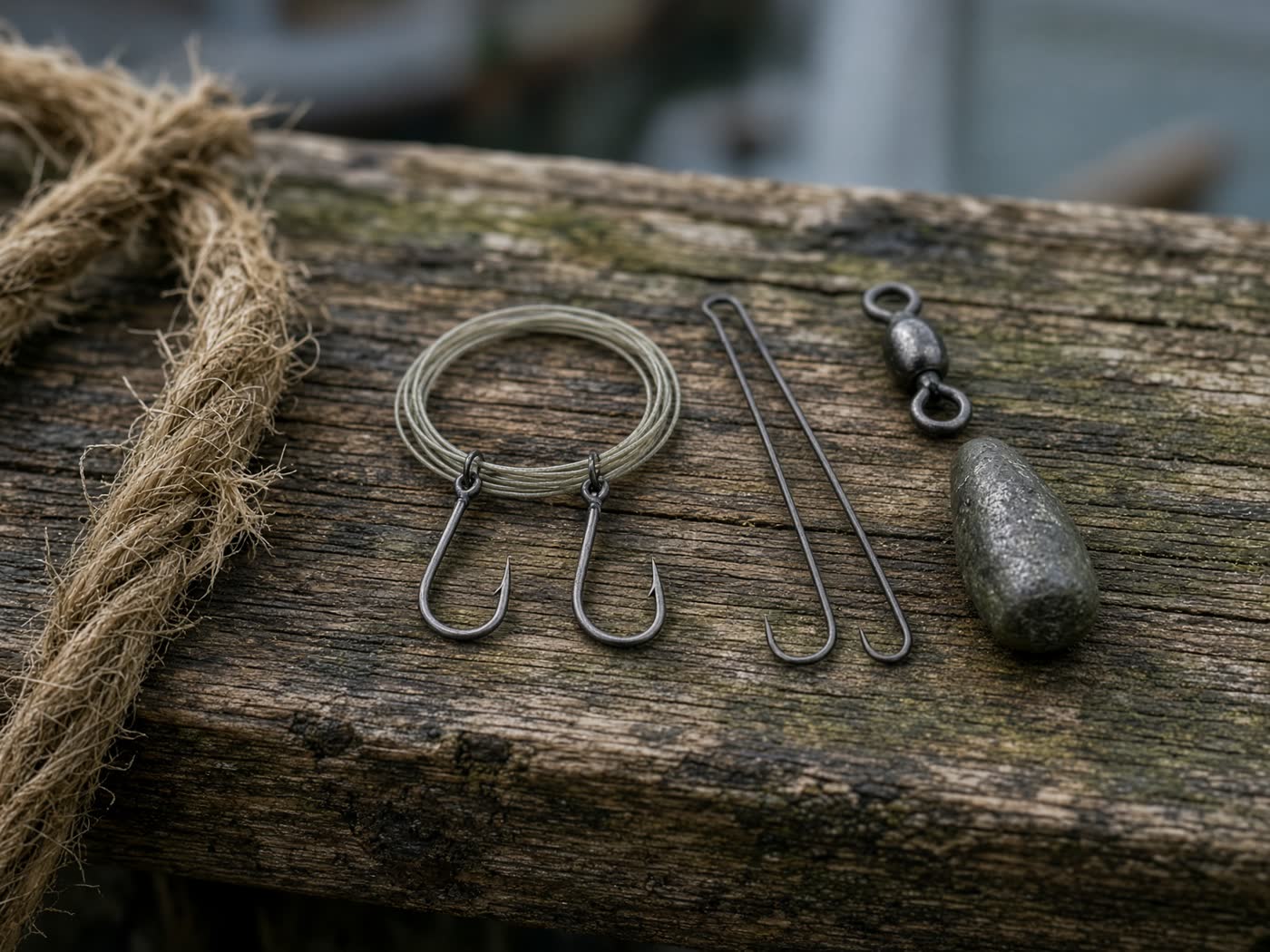 Beachcasting reels and a sand spike on wet shingle.